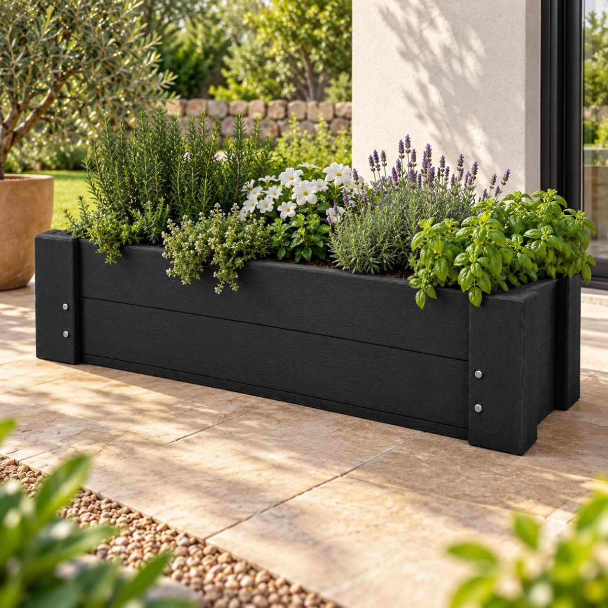 Flower box no legs 900mmx300mmx290mm black side - Green Plastic Wood