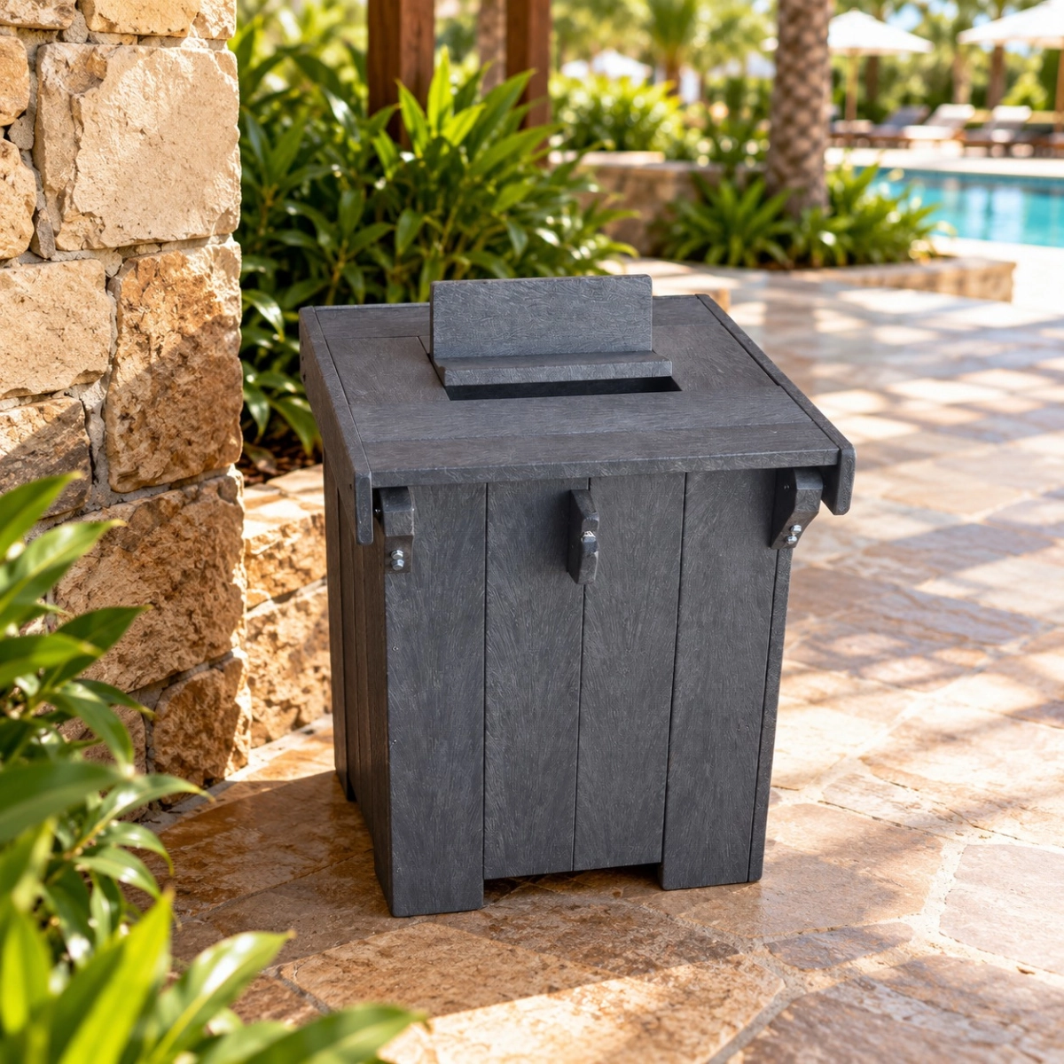 Large monkey proof square dustbin 600mmx600mmx750mm back brown - Green Plastic Wood