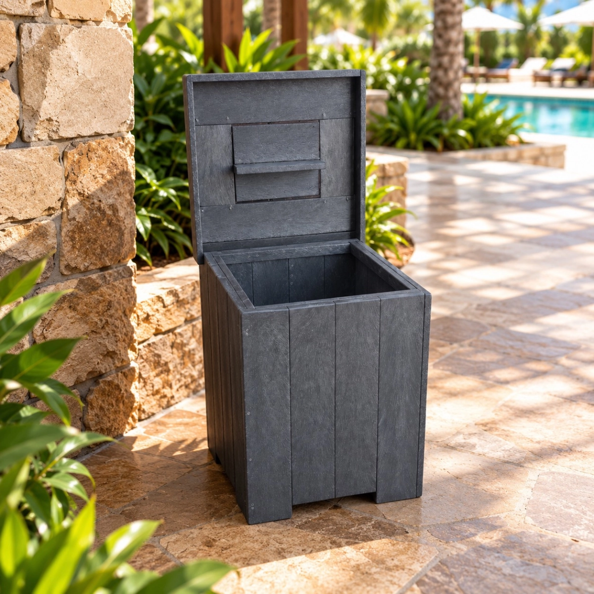 Large monkey proof square dustbin 600mmx600mmx750mm front open brown - Green Plastic Wood
