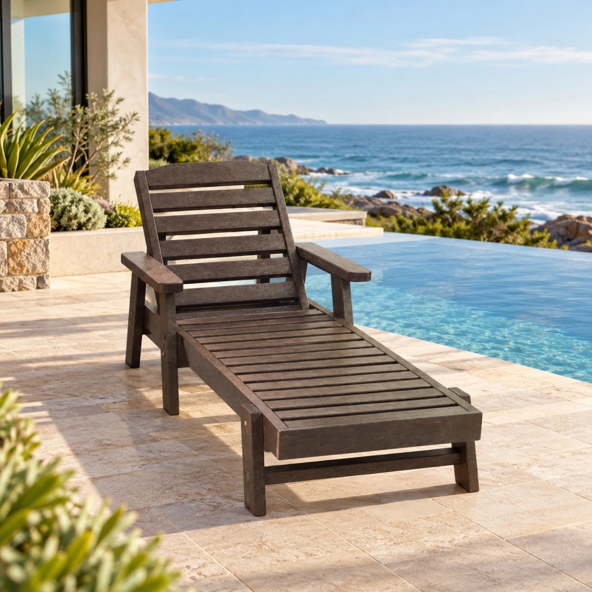 Pool lounger with armrests front brown - Green Plastic Wood